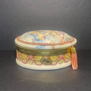 VTG MCM Berger Italian Porcelain Hinged Cherubs Angels Oval Trinket Box w Tassel